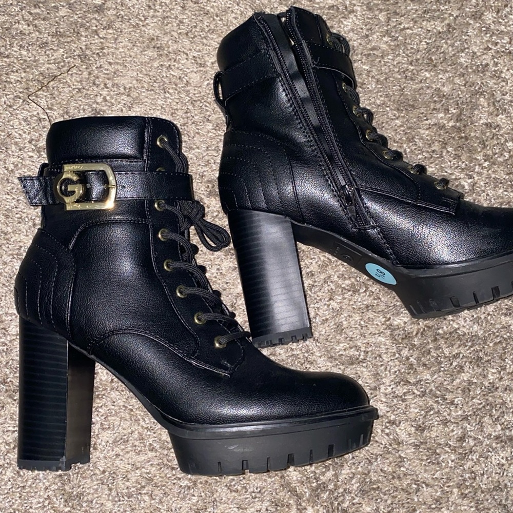 Guess black lace up zip up heeled boots